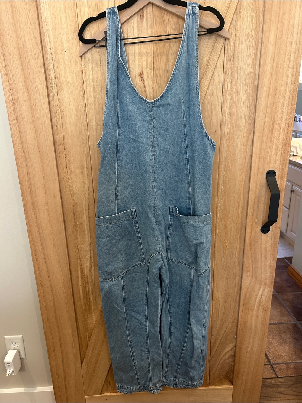 We The Free Light Blue Denim Cropped Overalls
